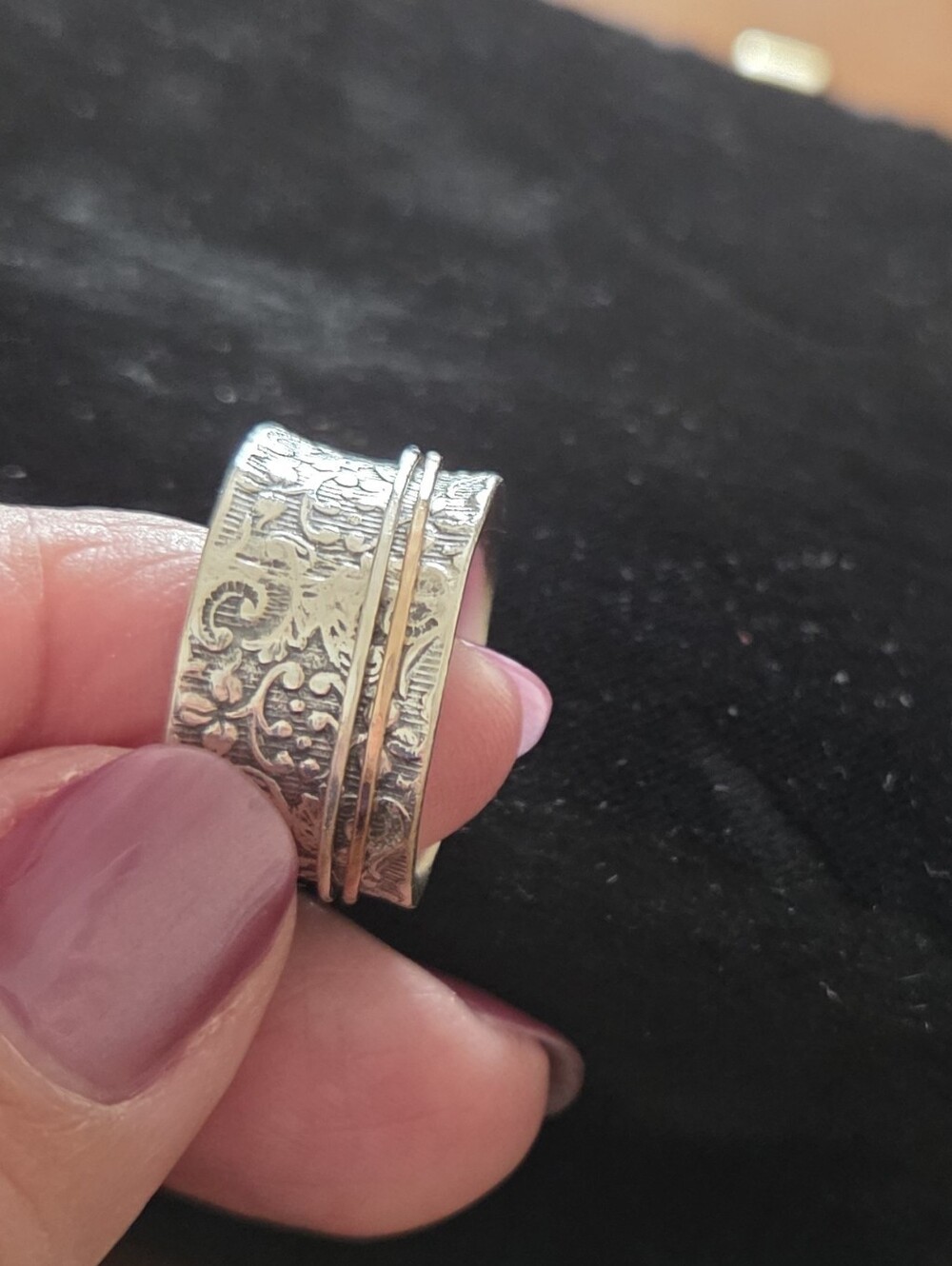 Sterling Silver Oxidized Filigree With Silver & Rise Gold Spinner Bands Ring 9.5